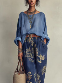 Conjunto de Dos Piezas Azul Marino Oversize con estampado floral - Azul Marino