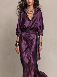 Vestido Morado con satén, cruzado y drapeado - Morado
