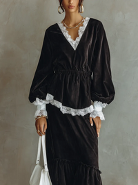 Conjunto de Falda Negro con satén y remate de encaje - Negro