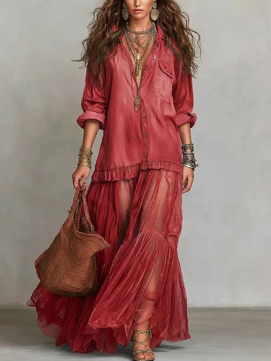 Vestido Casual con vaquero, cuello camisero, transparente y bolsillos - Azul Cielo
