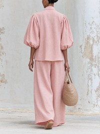 Conjunto de Pantalón Rosa con lino, lazo, manga abullonada y pierna ancha - Rosa