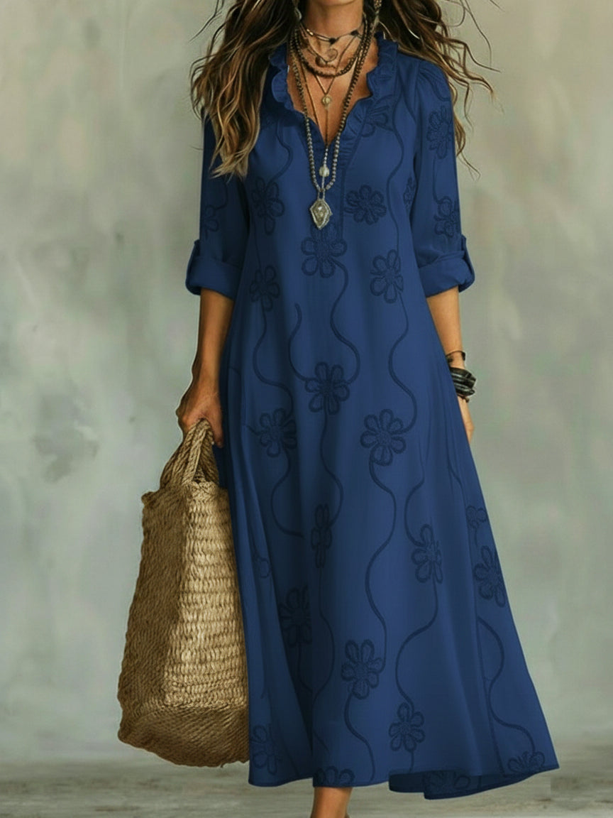 Vestido Midi Elegante con estampado floral y volantes - Blanco