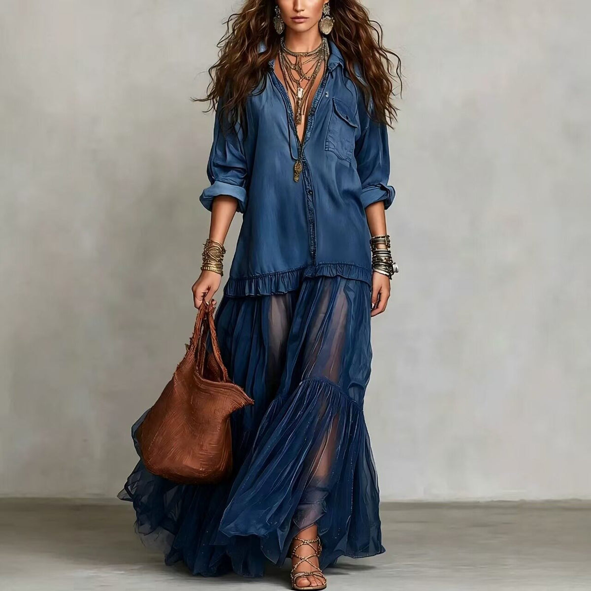 Vestido Casual con vaquero, cuello camisero, transparente y bolsillos - Verde