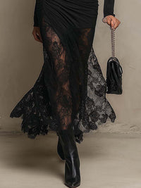 Vestido Largo Negro Manga Larga con cut out, fruncido, punto y encaje - Negro
