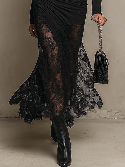 Vestido Largo Negro Manga Larga con cut out, fruncido, punto y encaje - Negro
