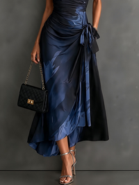 Vestido Largo Manga Corta con estampado abstracto, cruzado, cuello camisero y escote en V - Azul