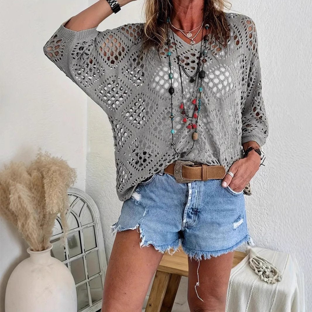 Blusa Boho con escote en V, calado, manga murciélago y punto - Caqui