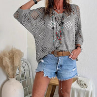 Blusa Boho con escote en V, calado, manga murciélago y punto - Caqui
