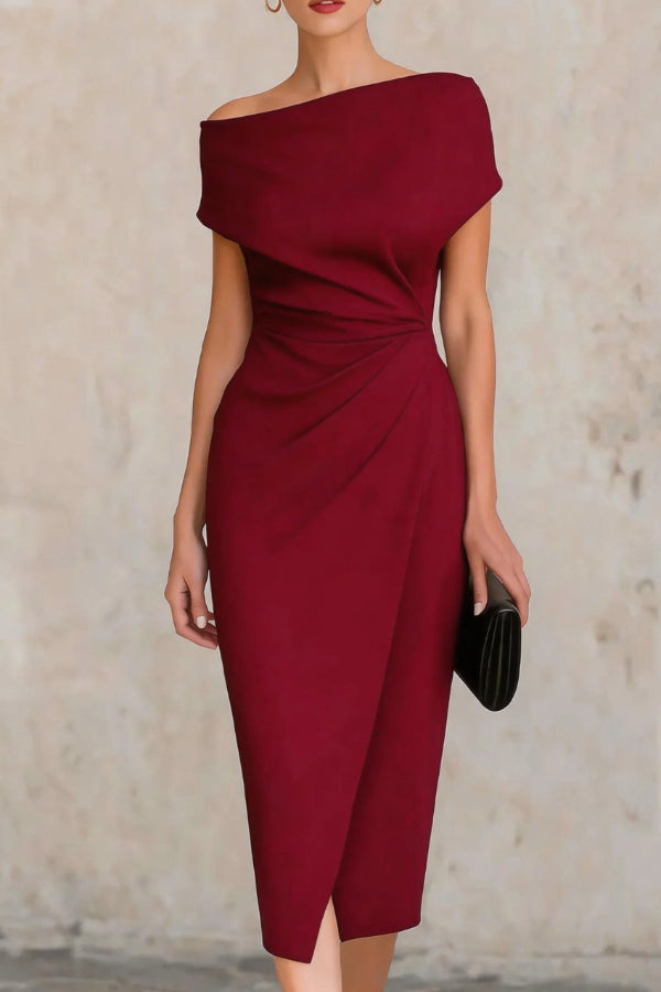 Vestido Midi Elegante Manga Corta con plisado - Blanco