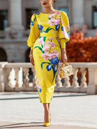 Vestido Midi Elegante Amarillo con estampado floral, manga globo y corte ajustado - Amarillo