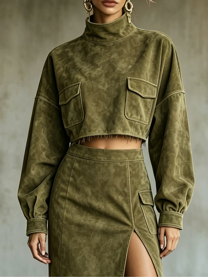 Conjunto de Falda Verde con ante, flecos y abertura - Verde
