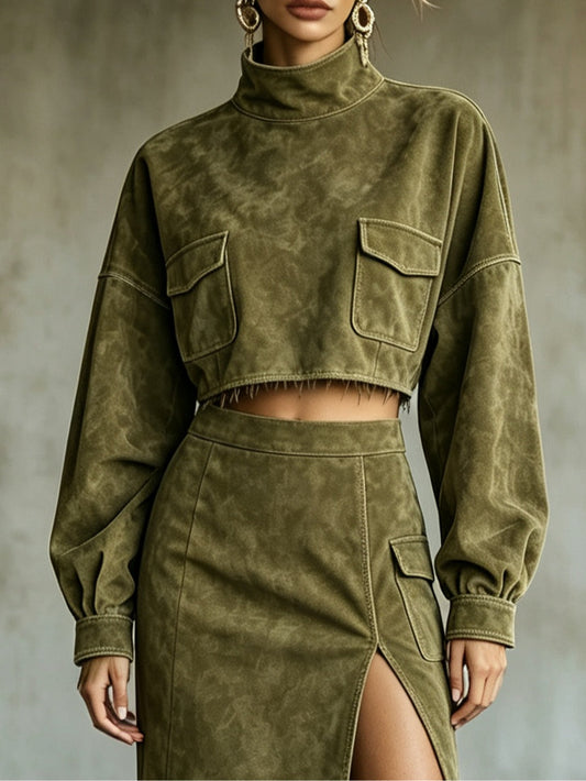 Conjunto de Falda Verde con ante, flecos y abertura - Verde
