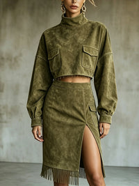 Conjunto de Falda Verde con ante, flecos y abertura - Verde