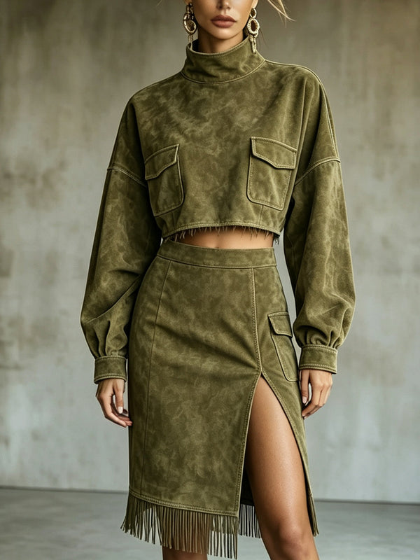 Conjunto de Falda Verde con ante, flecos y abertura - Verde