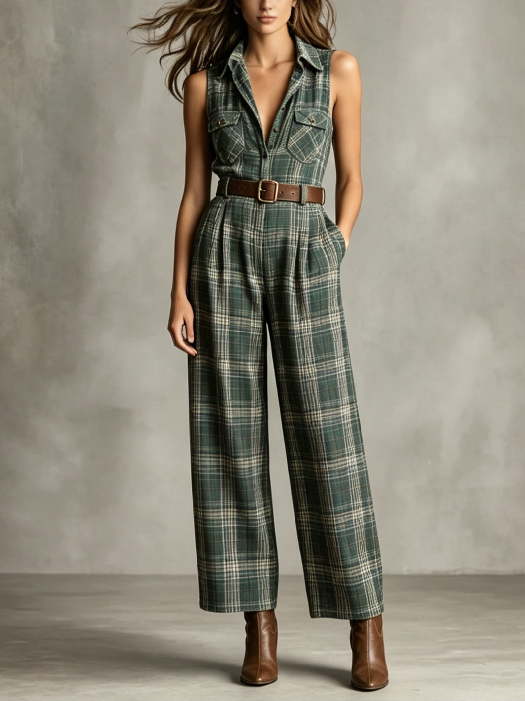 Mono Verde Sin Mangas con cuadros, cuello camisero y cinturón - Verde
