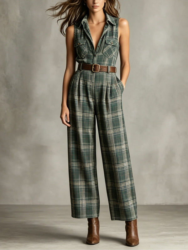 Mono Verde Sin Mangas con cuadros, cuello camisero y cinturón - Verde