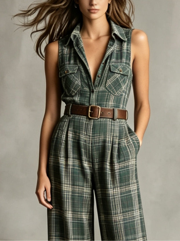 Mono Verde Sin Mangas con cuadros, cuello camisero y cinturón - Verde