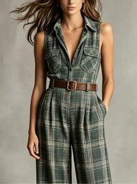 Mono Verde Sin Mangas con cuadros, cuello camisero y cinturón - Verde