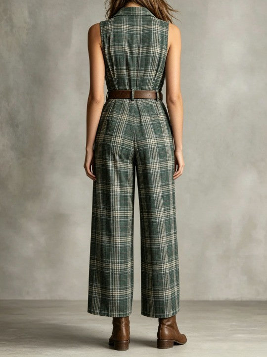 Mono Verde Sin Mangas con cuadros, cuello camisero y cinturón - Verde