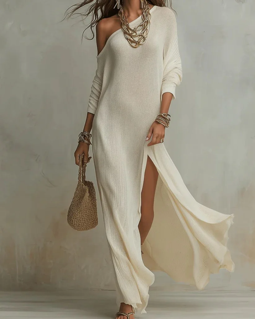 Vestido Largo Playa Corte Holgado con abertura y liso - Blanco