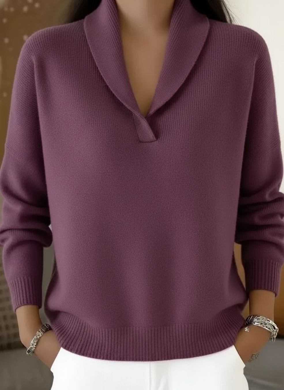 ANTONINE - Jersey de Escote en Pico con Cuello Chal - Crema