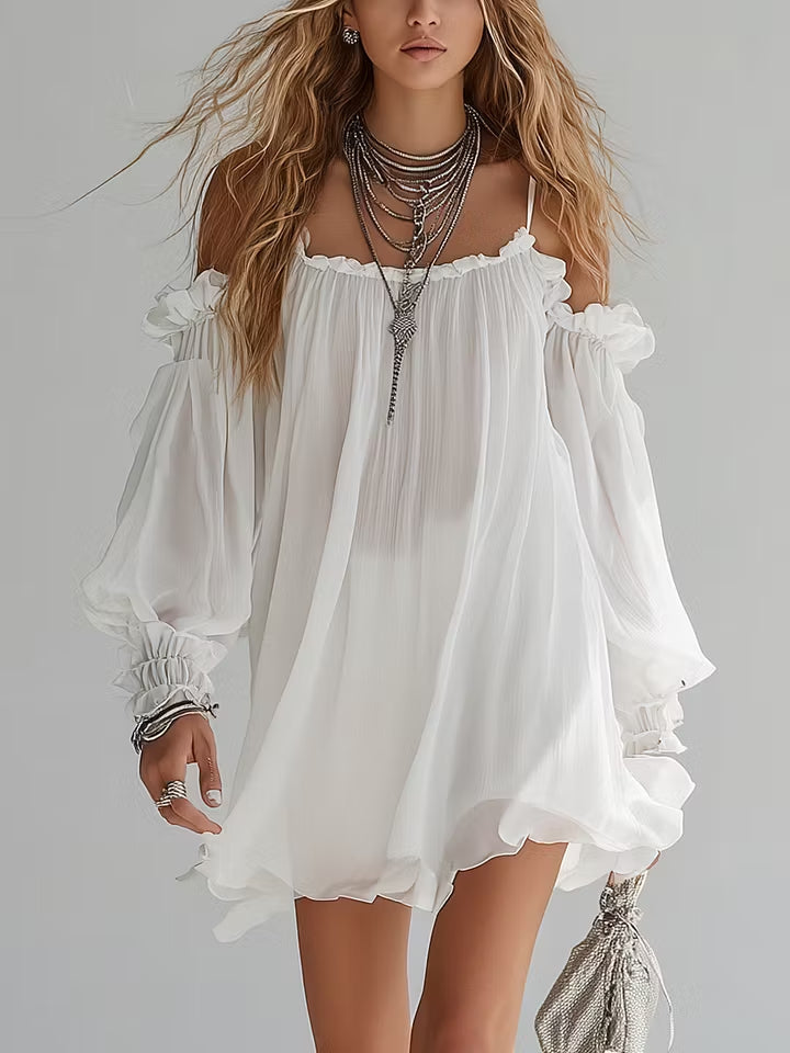 Minivestido Boho Blanco con caída fluida - Blanco