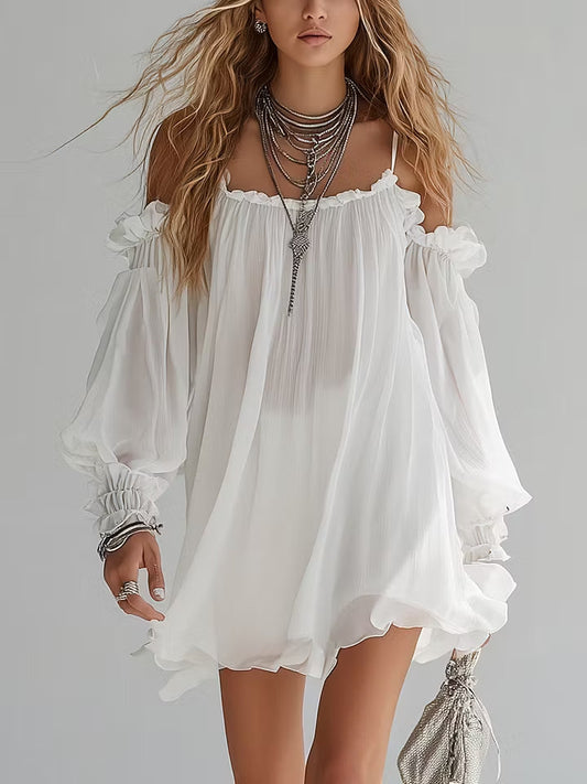 Minivestido Boho Blanco con caída fluida - Blanco
