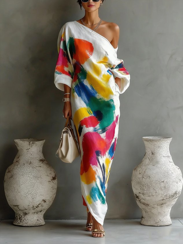 Vestido Largo con un solo hombro, estampado abstracto y estampado - Como en la foto