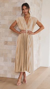 Vestido Midi Elegante con satén, plisado, escote en V y caída fluida - Morado