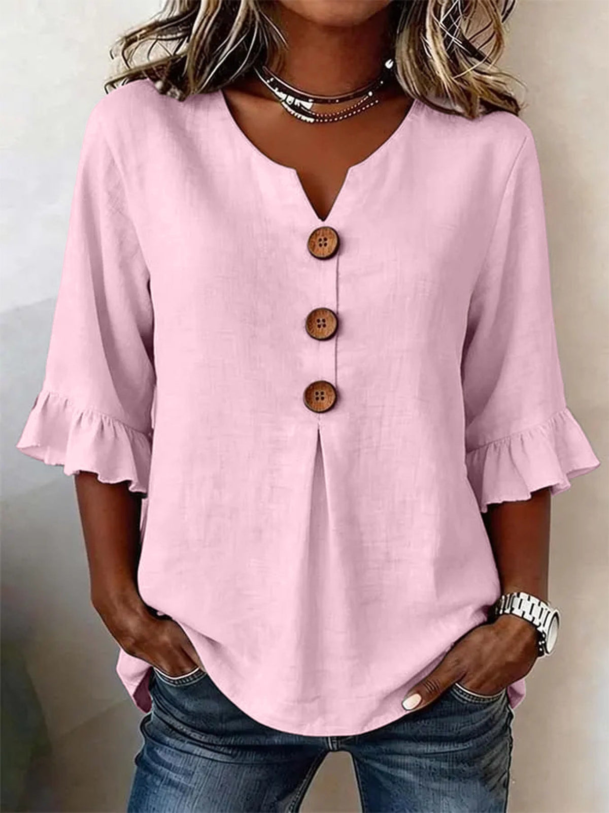Blusa Casual con escote en V y volante - Azul Cielo