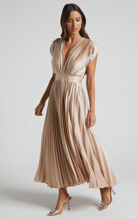Vestido Midi Elegante con satén, plisado, escote en V y caída fluida - Marrón