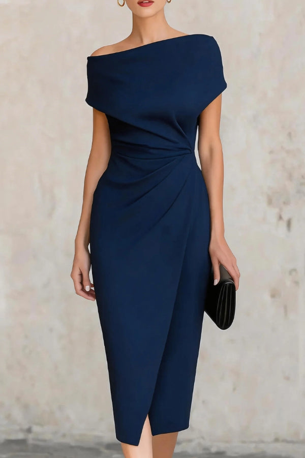 Vestido Midi Elegante Manga Corta con plisado - Negro