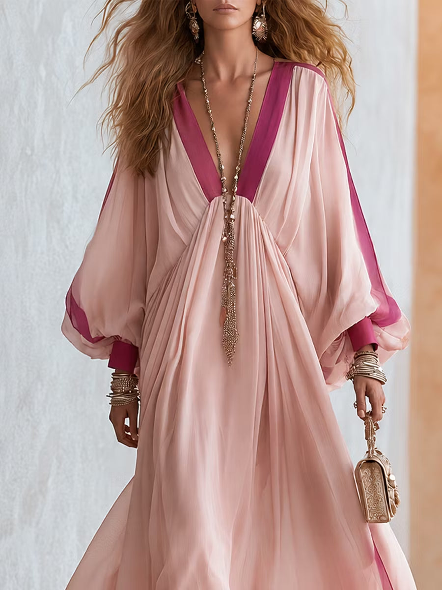 Vestido Largo Boho Rosa con color block - Rosa