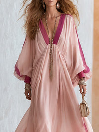 Vestido Largo Boho Rosa con color block - Rosa