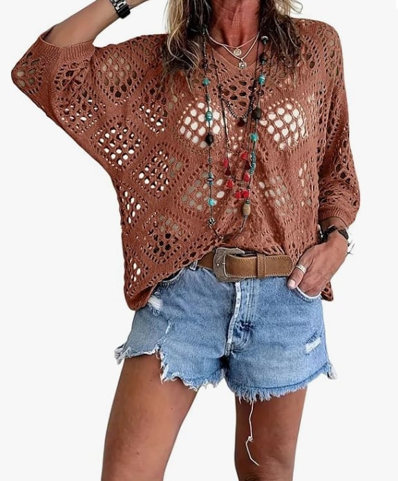 Blusa Boho con escote en V, calado, manga murciélago y punto - Albaricoque