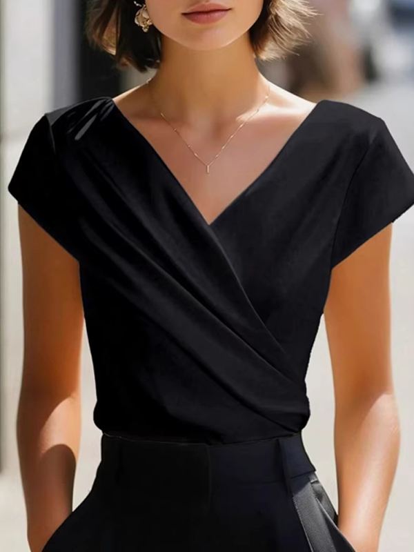 Blusa Elegante Manga Corta con satén, cruzado y escote en V - Negro