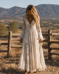 Vestido Largo Boho Albaricoque con encaje, escote en V y manga campana - Albaricoque