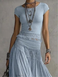 Conjunto de Falda Azul con paneles de encaje y plisado - Azul