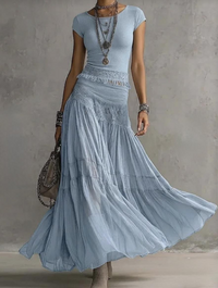 Conjunto de Falda Azul con paneles de encaje y plisado - Azul