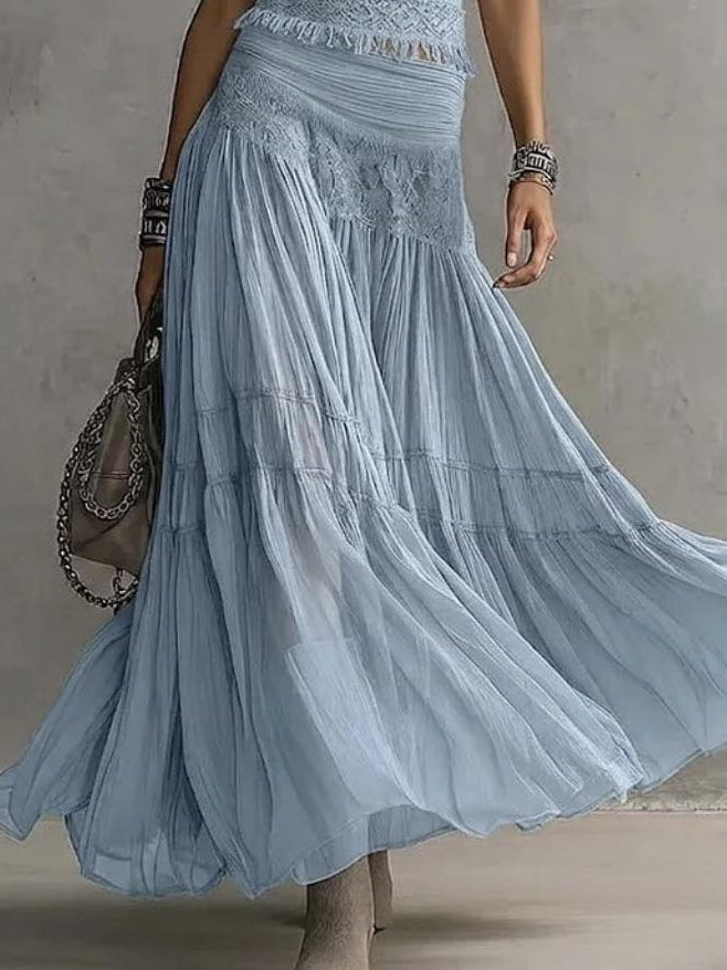 Conjunto de Falda Azul con paneles de encaje y plisado - Azul