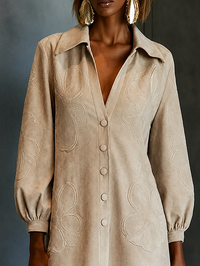 Minivestido Beige con ante, cuello camisero, escote en V y bordado - Beige
