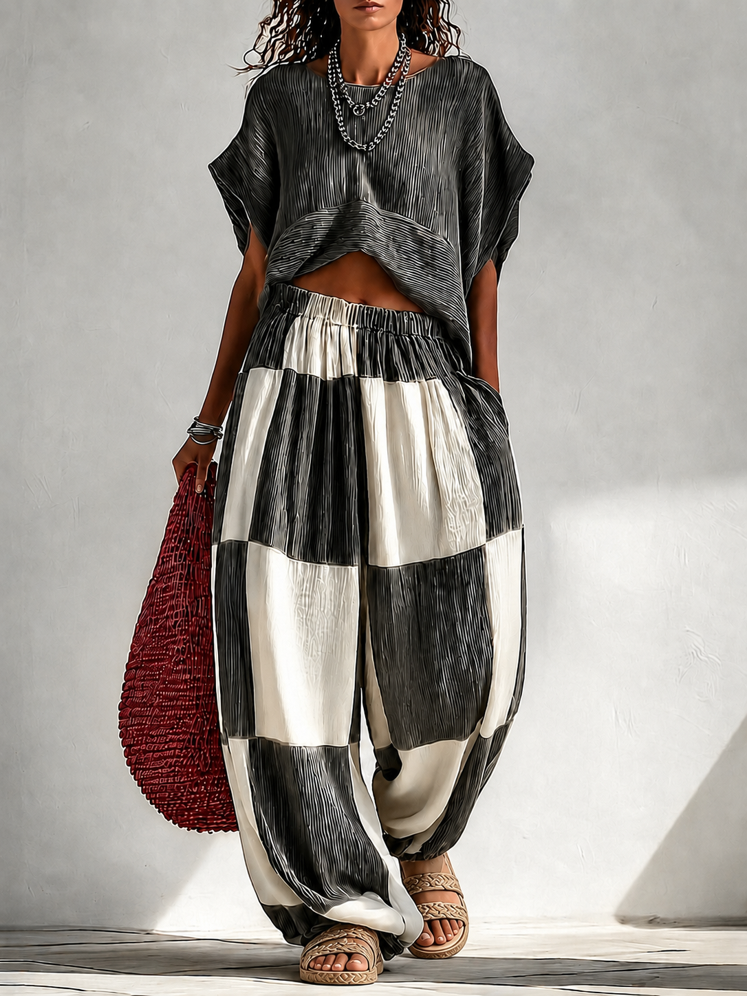 Conjunto Vacaciones Gris Oscuro con plisado, pierna ancha y cuadros - Gris Oscuro