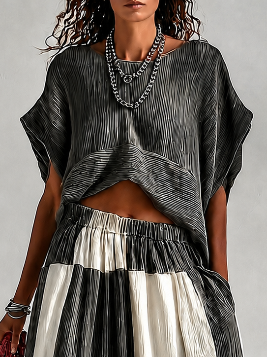 Conjunto Vacaciones Gris Oscuro con plisado, pierna ancha y cuadros - Gris Oscuro