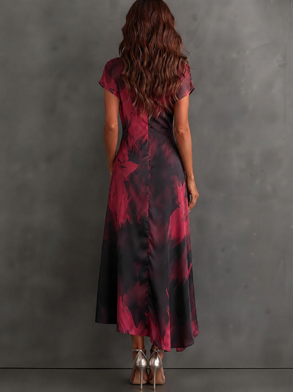 Vestido Largo Manga Corta con estampado abstracto, cruzado, cuello camisero y escote en V - Negro