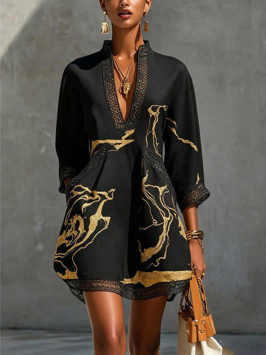 Moretti™ | Black Mini Dress with Gold Marble Print and Crochet Lace