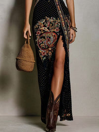 Vestido Estampado Boho con escote en V, abertura alta y estampado - Negro