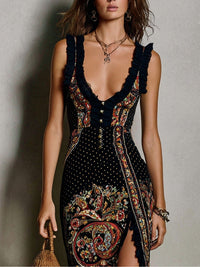 Vestido Estampado Boho con escote en V, abertura alta y estampado - Negro