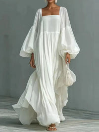 Vestido Largo Blanco Corte Holgado con escote cuadrado y manga abullonada - Blanco