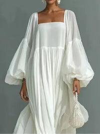 Vestido Largo Blanco Corte Holgado con escote cuadrado y manga abullonada - Blanco