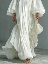 Vestido Largo Blanco Corte Holgado con escote cuadrado y manga abullonada - Blanco
